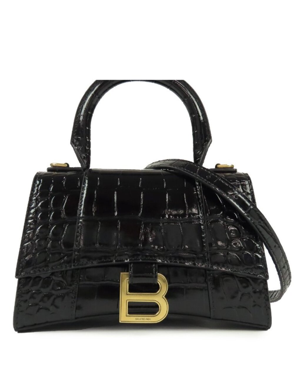 Balenciaga Hour Glass XS Black Leather 2-Way Embossed Shoulder Bag